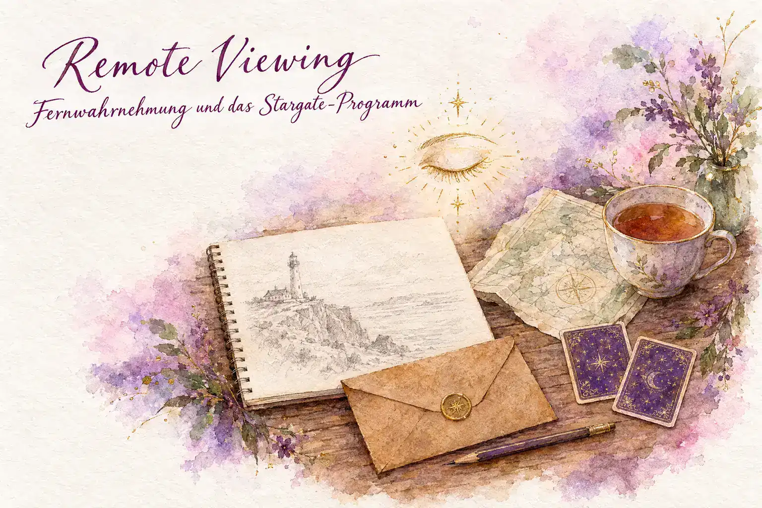 Remote Viewing: Aquarell mit Skizzenblock, verschlossenem Umschlag, goldenem geschlossenem Auge über einer Leuchtturm-Skizze und Lenormandkarten
