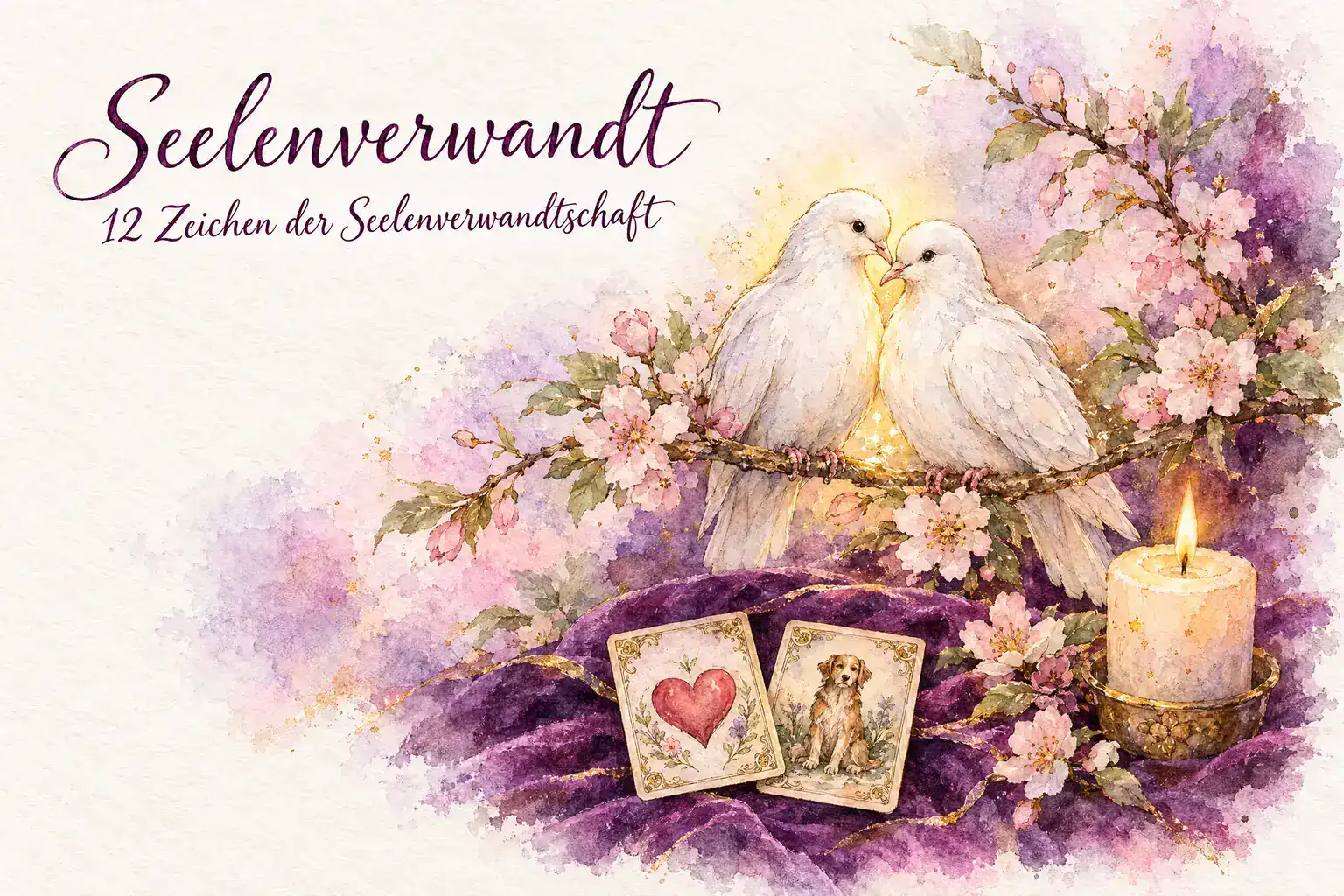 Seelenverwandt: Aquarell mit zwei wei&szlig;en Tauben auf einem bl&uuml;henden Zweig, goldenem Schimmer und den Lenormandkarten Herz und Hund