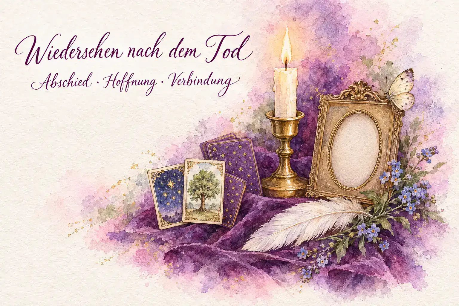 Aquarell in Violett und Gold mit dem Schriftzug &bdquo;Wiedersehen nach dem Tod &ndash; Abschied &middot; Hoffnung &middot; Verbindung&ldquo;: eine brennende Kerze, ein leerer goldener Bilderrahmen, eine wei&szlig;e Feder, Vergissmeinnicht, ein Schmetterling und die Lenormandkarten Sterne und Baum