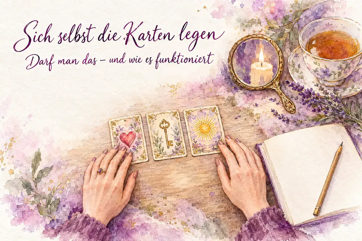 Sich selbst die Karten legen: Aquarell mit H&auml;nden, die drei Lenormandkarten mit Herz, Schl&uuml;ssel und Sonne legen, daneben Handspiegel, Kerze und Notizbuch