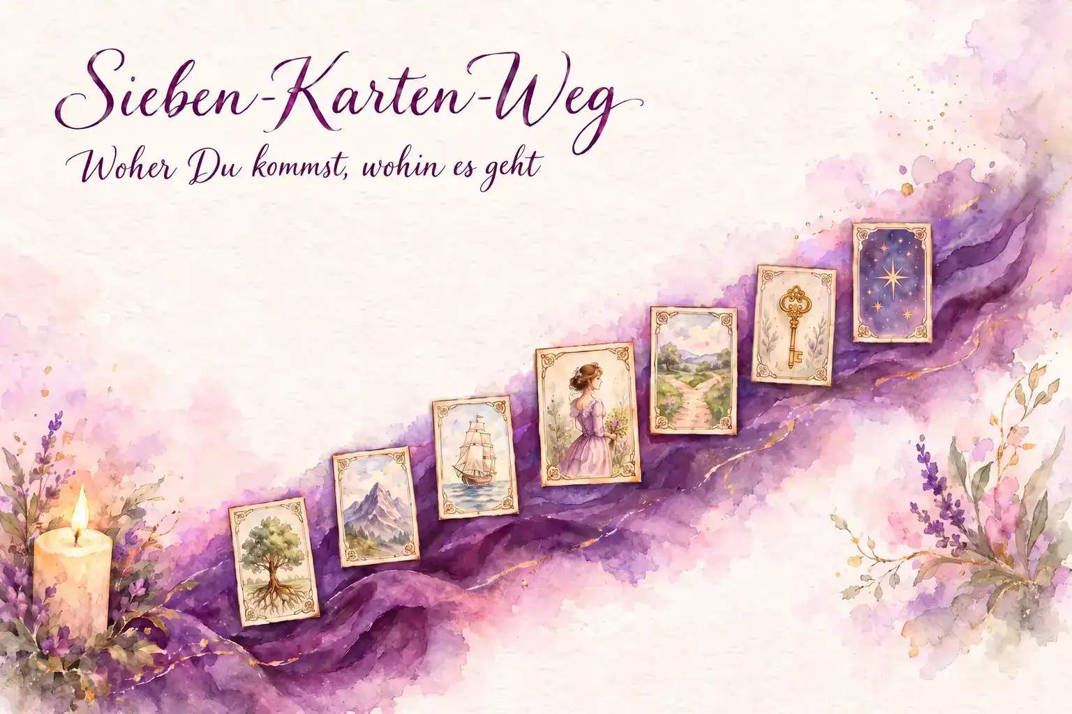 Sieben-Karten-Weg 1 Sieben-Karten-Weg Lenormand: Aquarell mit sieben Lenormandkarten entlang eines ansteigenden Weges – vom Baum über die Dame in der Mitte bis zu den Sternen –, daneben Kerze