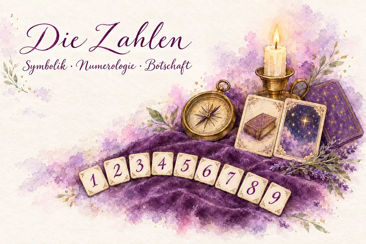 Aquarell in Violett und Gold mit dem Schriftzug &bdquo;Die Zahlen &ndash; Symbolik &middot; Numerologie &middot; Botschaft&ldquo;: neun K&auml;rtchen mit den Ziffern 1 bis 9 im Bogen, ein Kompass, eine Kerze und die Lenormandkarten Buch und Sterne