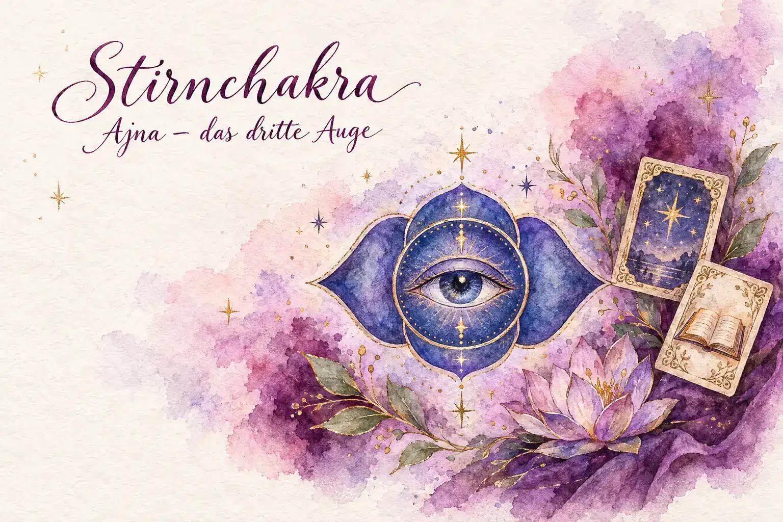 Stirnchakra: Aquarell mit indigoblauem Mandala mit zwei Bl&uuml;tenbl&auml;ttern und einem offenen Auge, Sternen und den Lenormandkarten Sterne und Buch