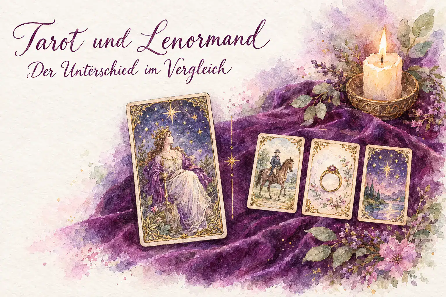 Unterschied zwischen Tarot und Lenormand: Aquarell mit einer gro&szlig;en Tarotkarte links und den kleinen Lenormandkarten Reiter, Ring und Sterne rechts