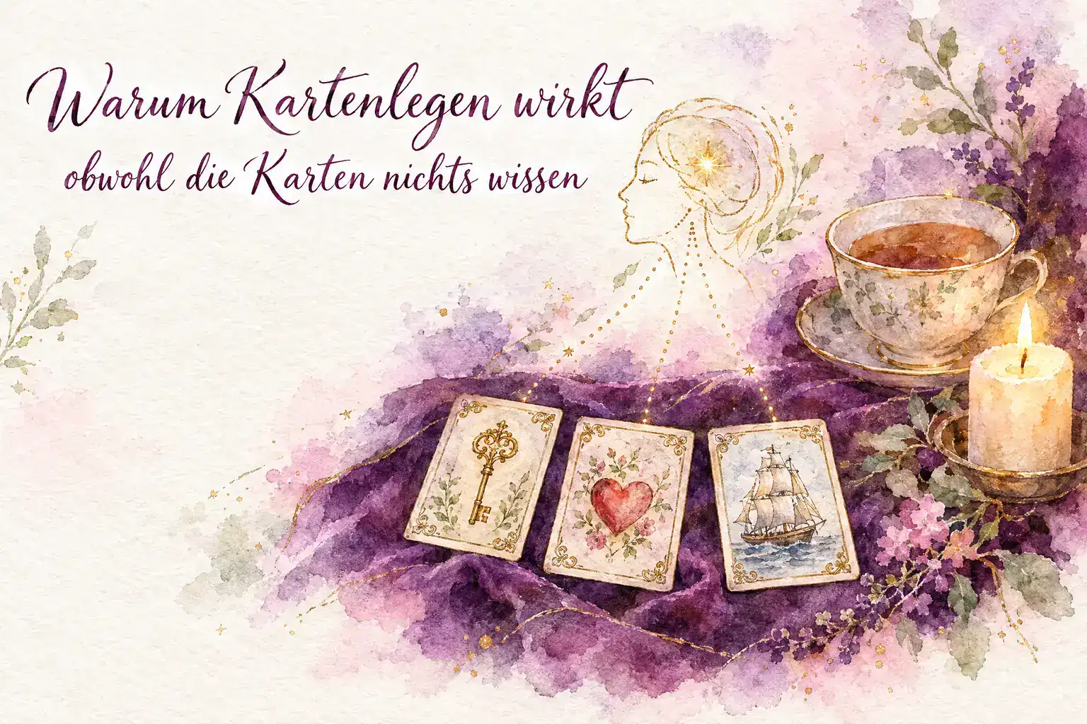 Warum Kartenlegen wirkt: Aquarell mit den Lenormandkarten Schlüssel, Herz und Schiff, darüber ein goldener Kopf im Profil mit einem Funken als Symbol für die Psychologie