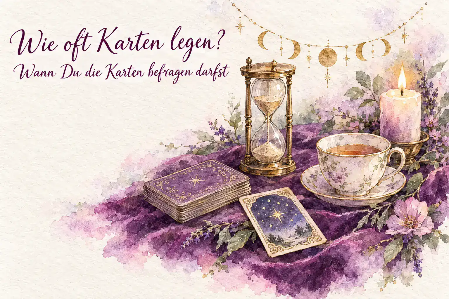 Wie oft Karten legen: Aquarell mit Sanduhr, Lenormandkarten mit Sterne-Karte, goldenen Mondphasen, Teetasse und Kerze