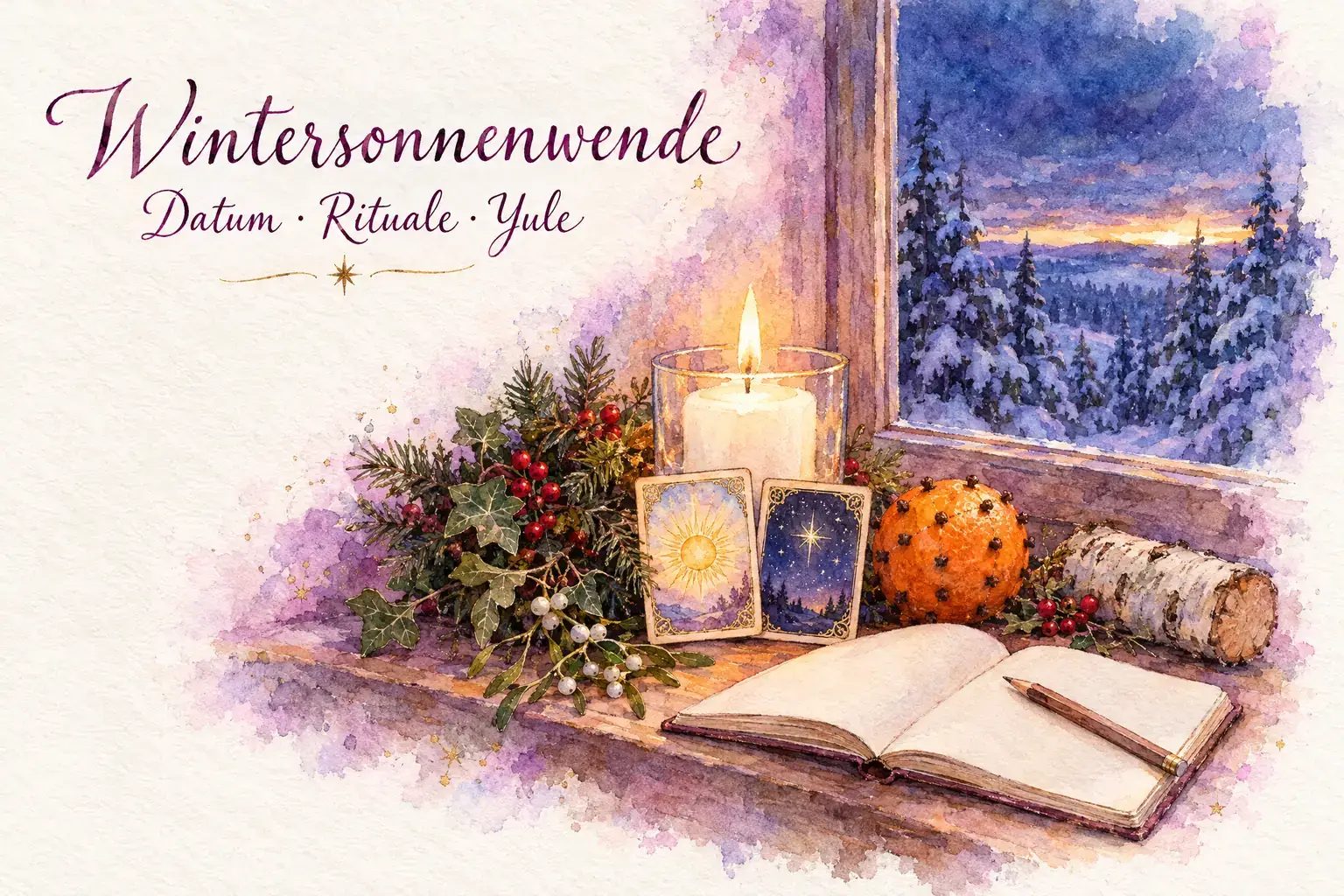 Wintersonnenwende: Aquarell mit einer Fensterbank in der Abenddämmerung, brennender Kerze im Glas, Kranz aus Tanne, Efeu und roten Beeren, Mistelzweig, Nelken-Orange, aufgeschlagenem Notizbuch und den Lenormandkarten Sonne und Sterne, draußen verschneite Tannen und ein goldener Lichtstreif am Horizont