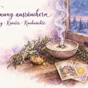 Wohnung ausr&auml;uchern: Aquarell mit einer R&auml;ucherschale auf dem Fensterbrett, aufsteigendem Rauch, einem B&uuml;ndel aus Salbei und Lavendel, Weihrauchk&ouml;rnern in einer Messingschale, Wacholderzweig, Feder und den Lenormandkarten Haus und Sonne, dahinter ein ge&ouml;ffnetes Fenster mit Winterabend