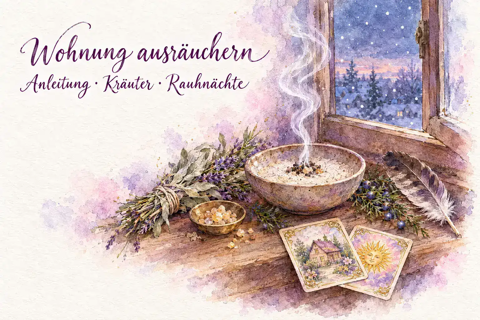 Wohnung ausräuchern: Aquarell mit einer Räucherschale auf dem Fensterbrett, aufsteigendem Rauch, einem Bündel aus Salbei und Lavendel, Weihrauchkörnern in einer Messingschale, Wacholderzweig, Feder und den Lenormandkarten Haus und Sonne, dahinter ein geöffnetes Fenster mit Winterabend